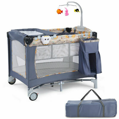 Foldable Baby Crib Playpen Playard Pack Travel Infant Bassinet Bed Music Gray - Deals Kiosk