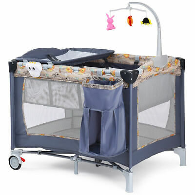 Foldable Baby Crib Playpen Playard Pack Travel Infant Bassinet Bed Music Gray - Deals Kiosk