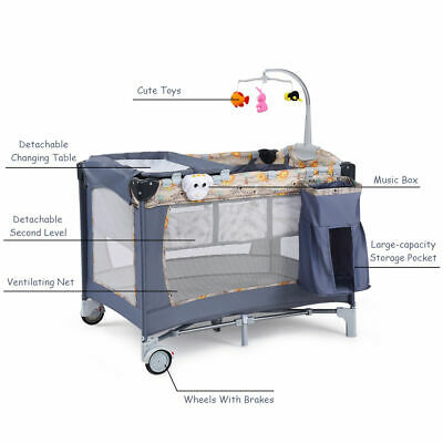 Foldable Baby Crib Playpen Playard Pack Travel Infant Bassinet Bed Music Gray - Deals Kiosk