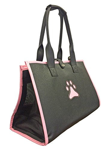PET LIFE Posh Paw' Designer Fashion Travel Folding Pet Dog Carrier, One Size, Black/With Pink Paw Print - Deals Kiosk