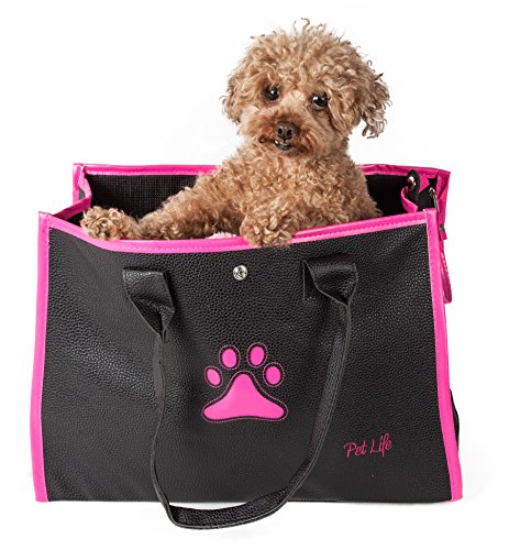 PET LIFE Posh Paw' Designer Fashion Travel Folding Pet Dog Carrier, One Size, Black/With Pink Paw Print - Deals Kiosk