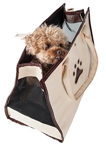 PET LIFE Posh Paw' Designer Fashion Travel Folding Pet Dog Carrier, One Size, White/Brown Paw Print - Deals Kiosk