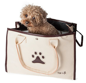 PET LIFE Posh Paw' Designer Fashion Travel Folding Pet Dog Carrier, One Size, White/Brown Paw Print - Deals Kiosk