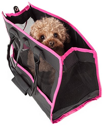 PET LIFE Posh Paw' Designer Fashion Travel Folding Pet Dog Carrier, One Size, Black/With Pink Paw Print - Deals Kiosk