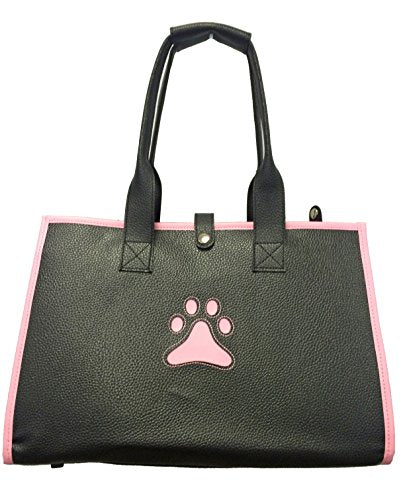 PET LIFE Posh Paw' Designer Fashion Travel Folding Pet Dog Carrier, One Size, Black/With Pink Paw Print - Deals Kiosk