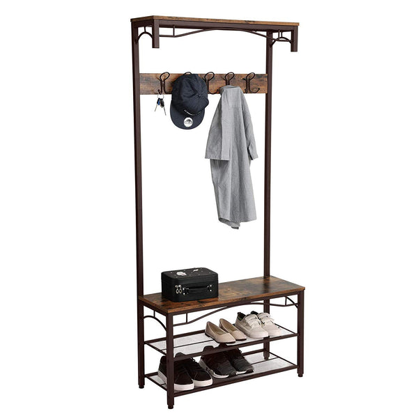 Metal Framed Coat Rack with Wooden Bench and Two Mesh Shelves, Brown and Black - Deals Kiosk