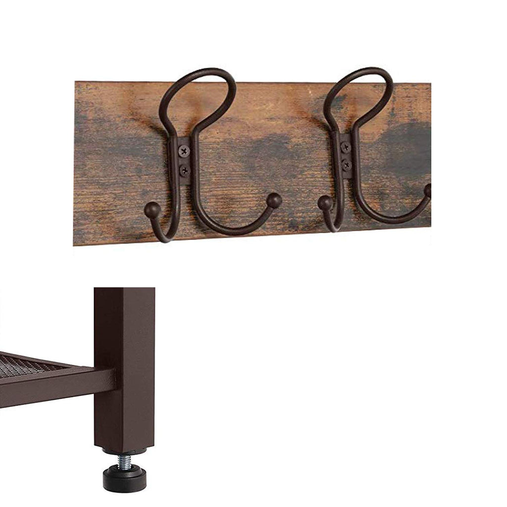 Metal Framed Coat Rack with Wooden Bench and Two Mesh Shelves, Brown and Black - Deals Kiosk