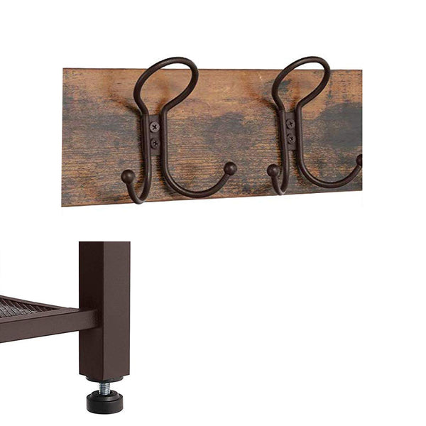 Metal Framed Coat Rack with Wooden Bench and Two Mesh Shelves, Brown and Black - Deals Kiosk