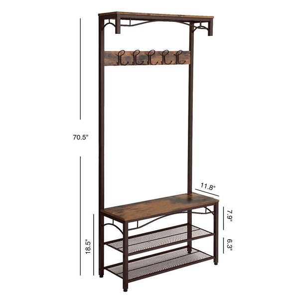 Metal Framed Coat Rack with Wooden Bench and Two Mesh Shelves, Brown and Black - Deals Kiosk