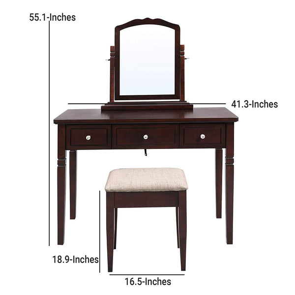Wooden Vanity Set with 3 Drawers and Adjustable Mirror, Brown - Deals Kiosk