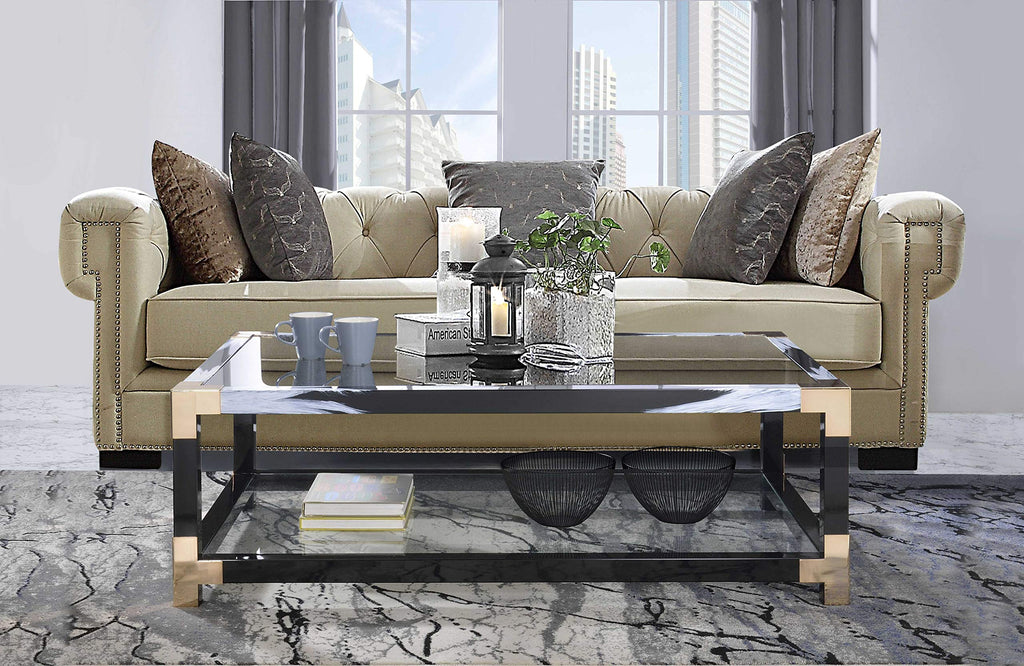 54" X 18" X 34" White Brushed, Black, Gold And Clear Glass Coffee Table - Deals Kiosk