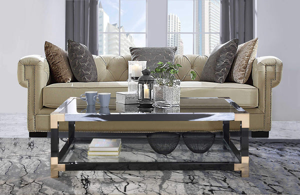 54" X 18" X 34" White Brushed, Black, Gold And Clear Glass Coffee Table - Deals Kiosk