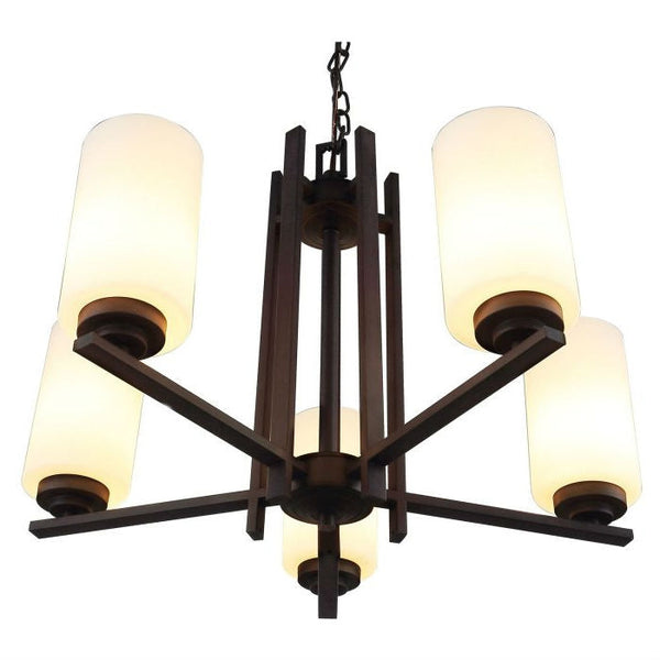 Farmhouse Dimmable Bronze 5 Column Lights Metal Wood Chandelier
