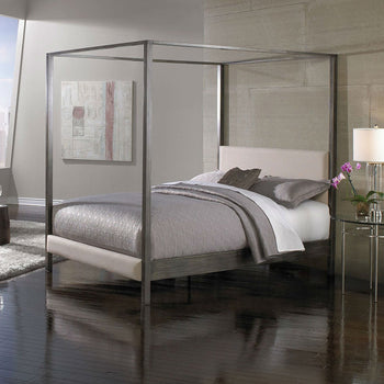 California King size Upholstered Canopy Bed Frame with Wood Slats in Dark Silver Finish - Deals Kiosk