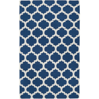 5' x 8' Flat Woven Wool Area Rug Handmade Blue White Trellis Pattern