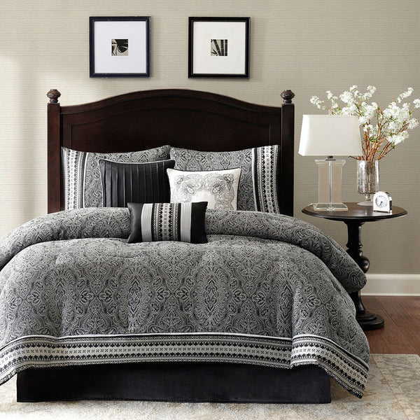 King size 7-Piece Comforter Set with Damask Pattern in Black White Gray - Deals Kiosk