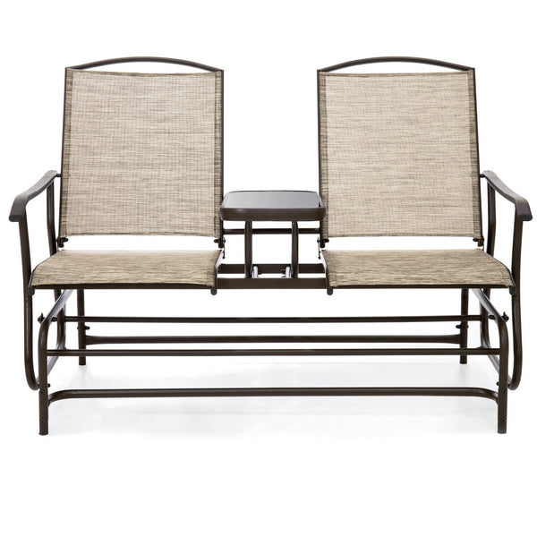 Brown 2-Seater Outdoor Mesh Double Glider Tempered Glass Attached Center Table - Deals Kiosk