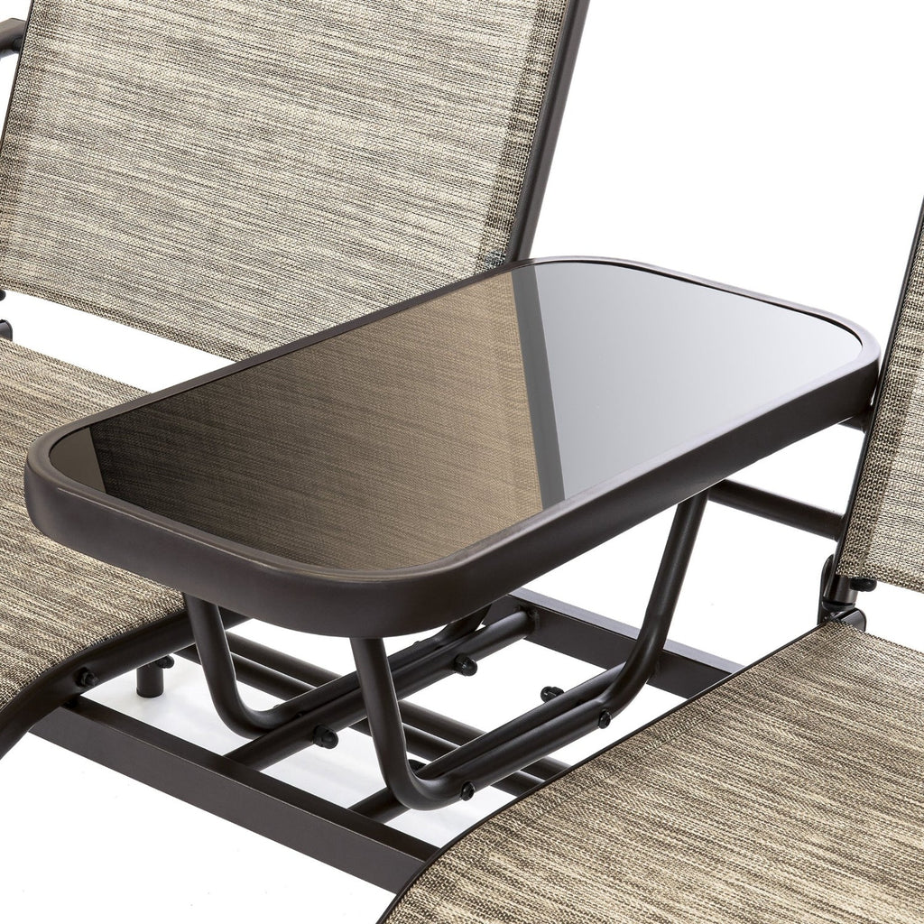 Brown 2-Seater Outdoor Mesh Double Glider Tempered Glass Attached Center Table - Deals Kiosk
