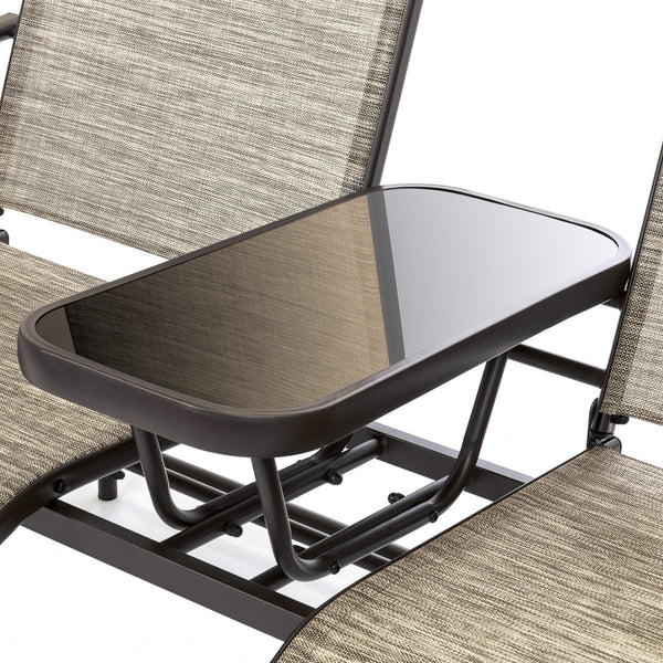 Brown 2-Seater Outdoor Mesh Double Glider Tempered Glass Attached Center Table - Deals Kiosk