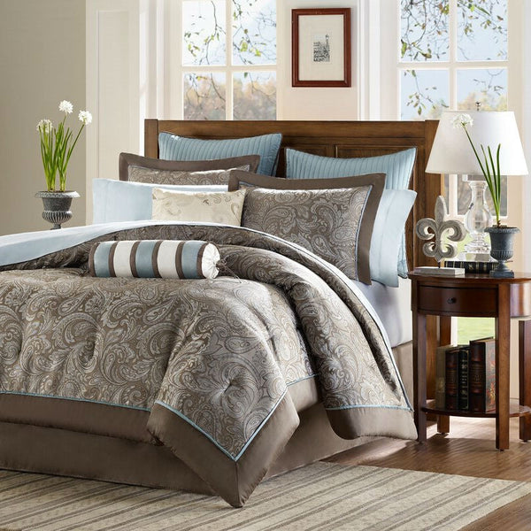 California King 12-piece Reversible Cotton Comforter Set in Brown and Blue - Deals Kiosk