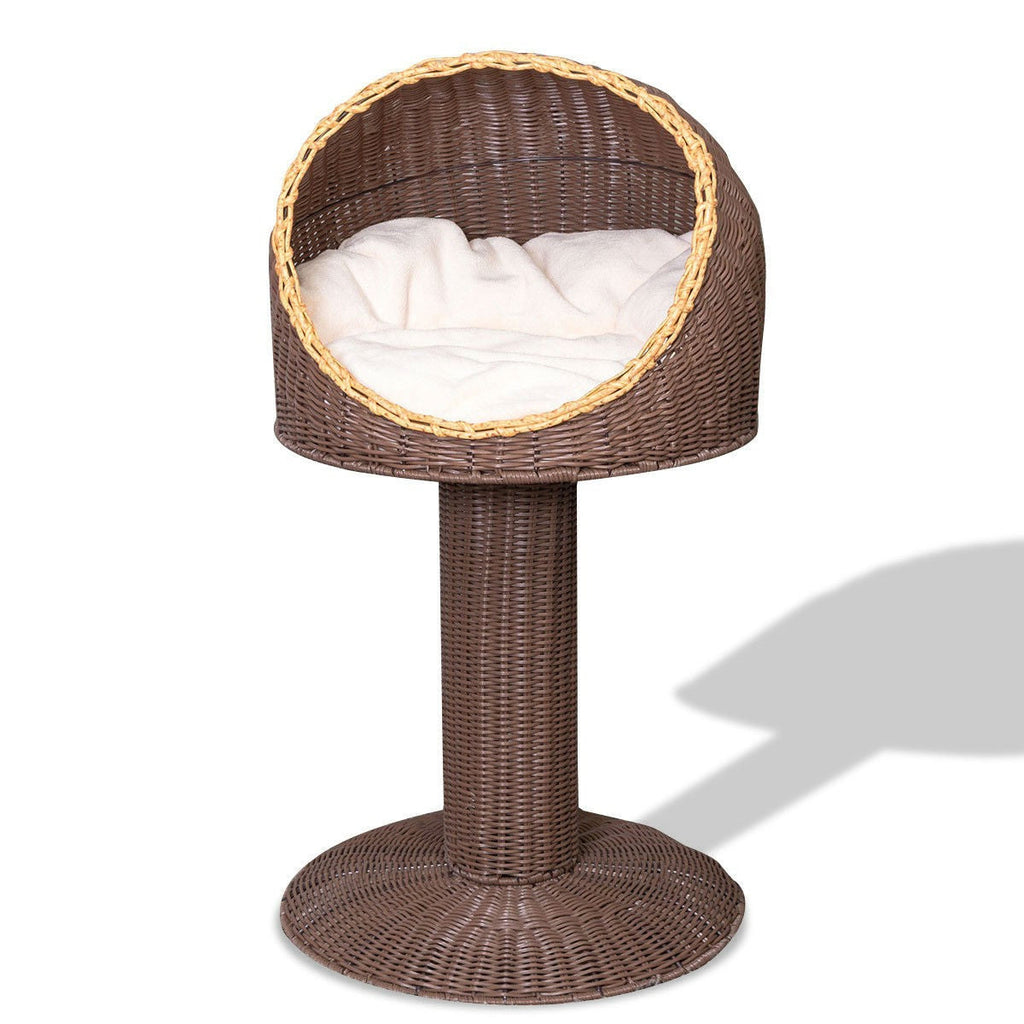 Brown 17 Inch Elevated Rattan Cat Bed with Plush Cushion