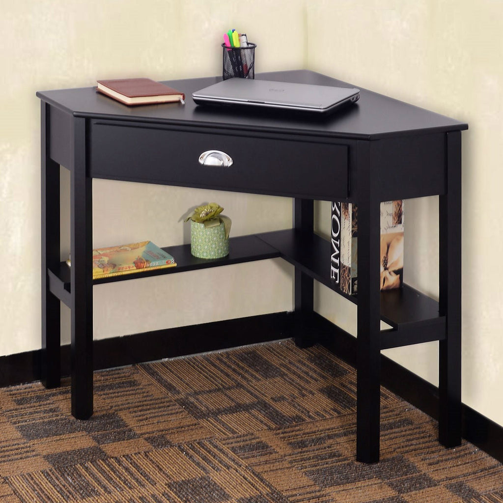 Corner Black Wood Computer Desk with Drawer - Deals Kiosk
