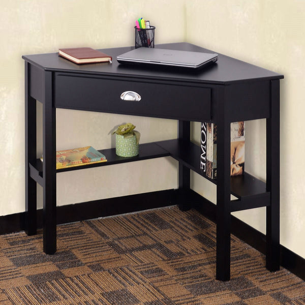 Corner Black Wood Computer Desk with Drawer - Deals Kiosk