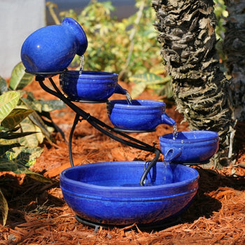 Blue Ceramic Outdoor Cascading Fountain Bird Bath with Solar Pump