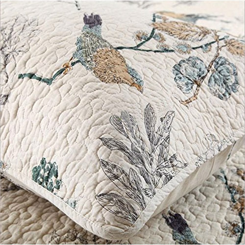 King size 3-Piece Quilt Bedspread Set in 100-Percent Cotton with Floral Birds Pattern - Deals Kiosk