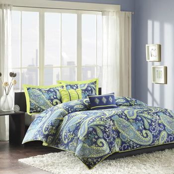 Full / Queen size 5-Piece Paisley Comforter Set in Blue and Yellow Colors - Deals Kiosk