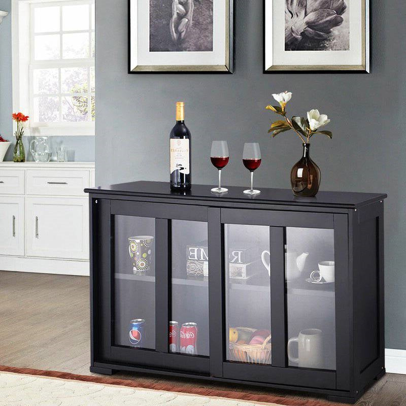 Black Sideboard Buffet Dining Storage Cabinet with 2 Glass Sliding Doors - Deals Kiosk