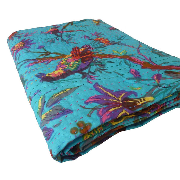 King size Blue Floral Birds Cotton Quilt Blanket Bedspread - Deals Kiosk