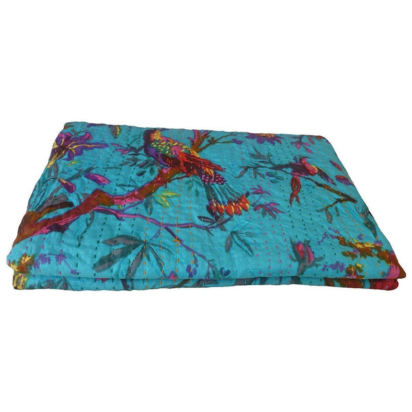 King size Blue Floral Birds Cotton Quilt Blanket Bedspread - Deals Kiosk