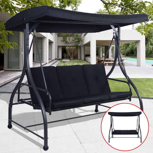 Black Adjustable 3 Seat Cushioned Porch Patio Canopy Swing Chair - Deals Kiosk