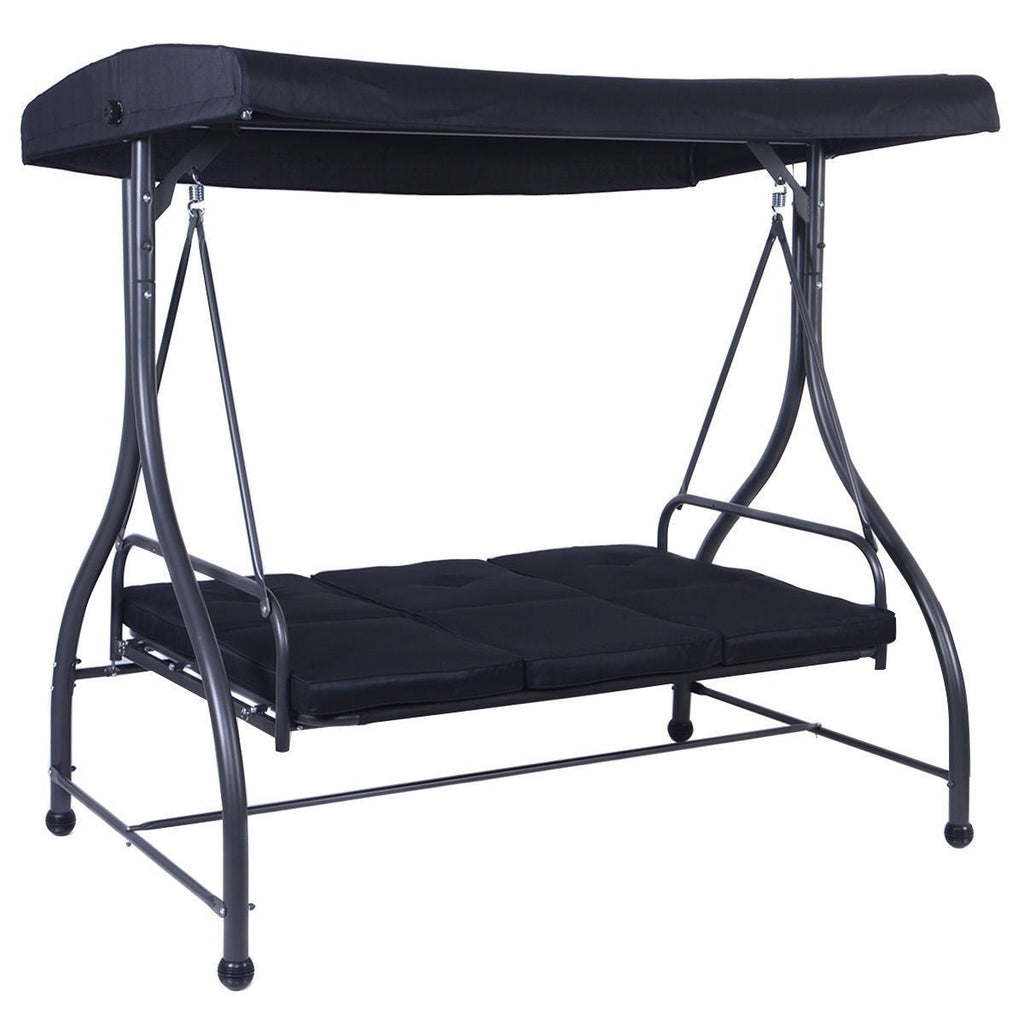 Black Adjustable 3 Seat Cushioned Porch Patio Canopy Swing Chair - Deals Kiosk