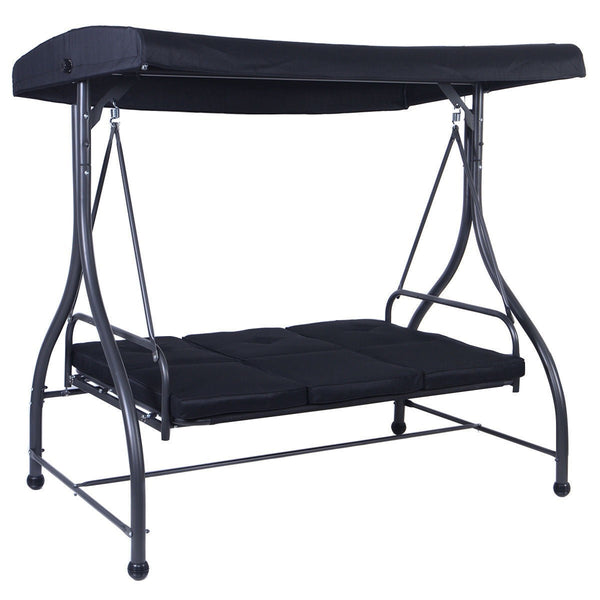 Black Adjustable 3 Seat Cushioned Porch Patio Canopy Swing Chair - Deals Kiosk