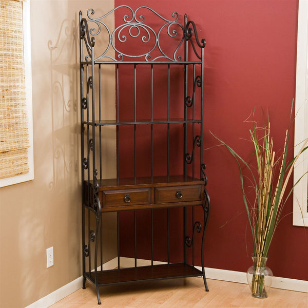 Black Wrought Iron and Walnut Wood Finish Bakers Rack - Deals Kiosk