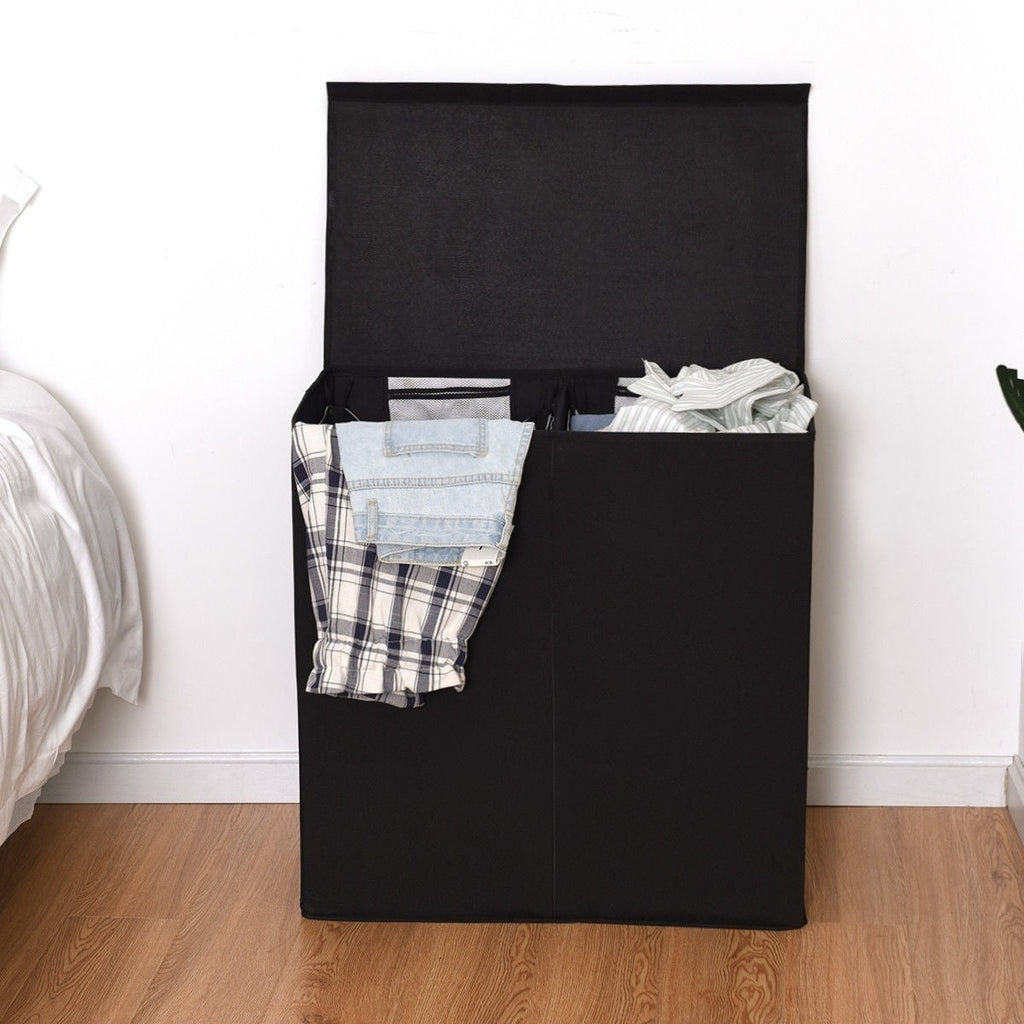 Black 2-Bin Laundry Hamper Clothes Storage Basket with Removable Bags - Deals Kiosk
