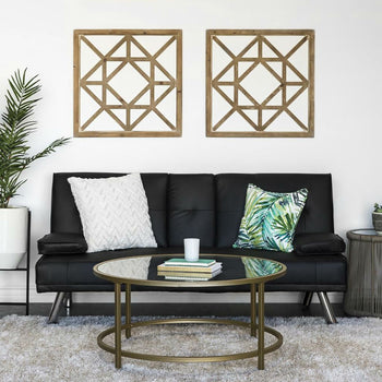 Black Faux Leather Convertible Sofa Futon with 2 Cup Holders - Deals Kiosk