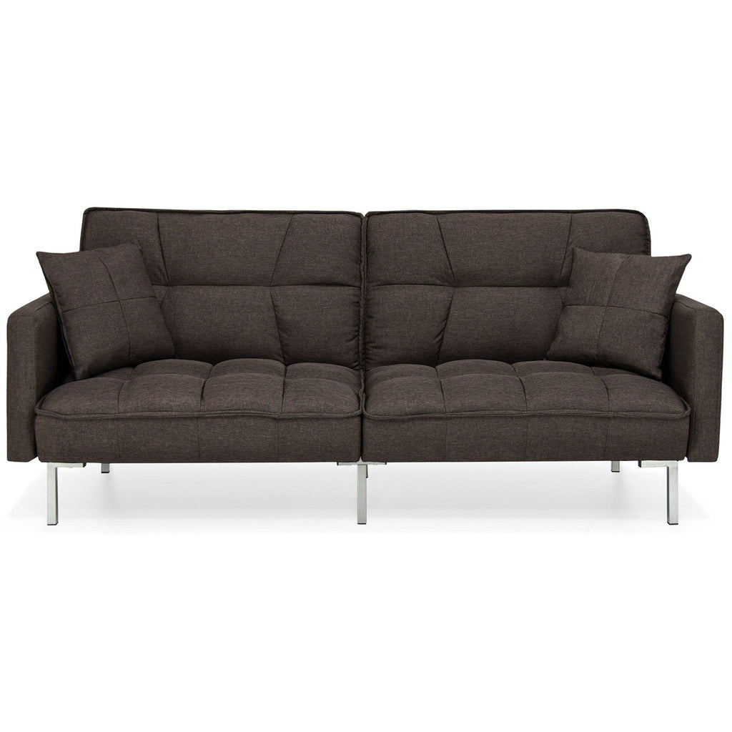 Plush Brown Split-Back Design Convertible Linen Tufted Futon w/ 2 Pillows