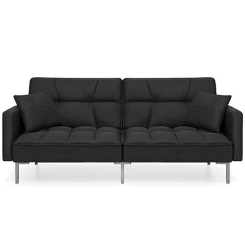 Plush Black Split-Back Design Convertible Linen Tufted Futon w/ 2 Pillows