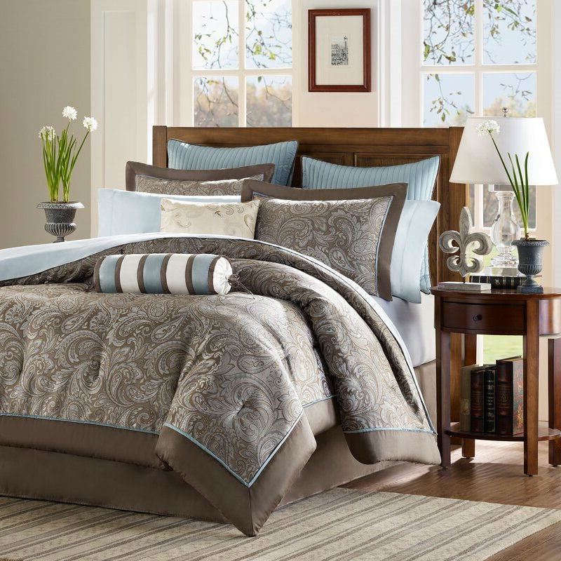 Full size 12-piece Reversible Cotton Comforter Set in Brown and Blue - Deals Kiosk