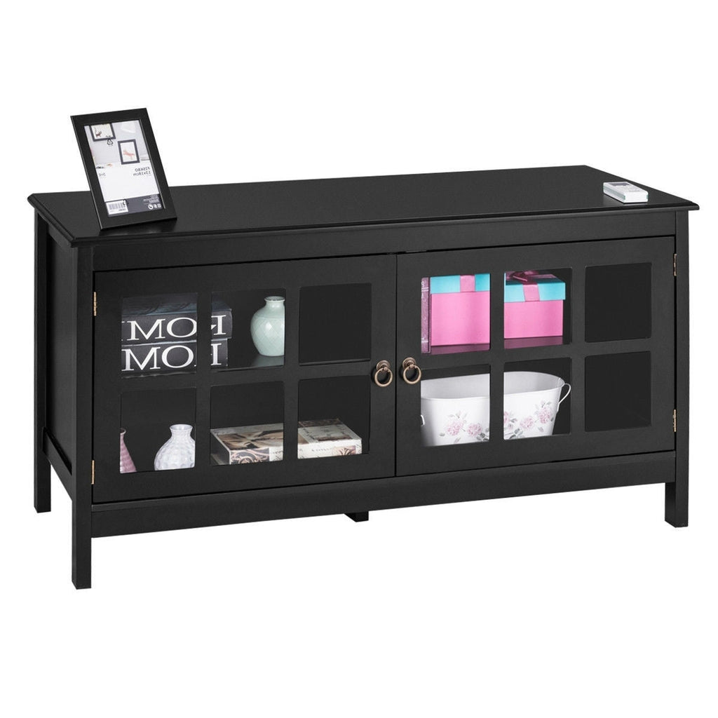 Black Wood Entertainment Center TV Stand with Glass Panel Doors - Deals Kiosk