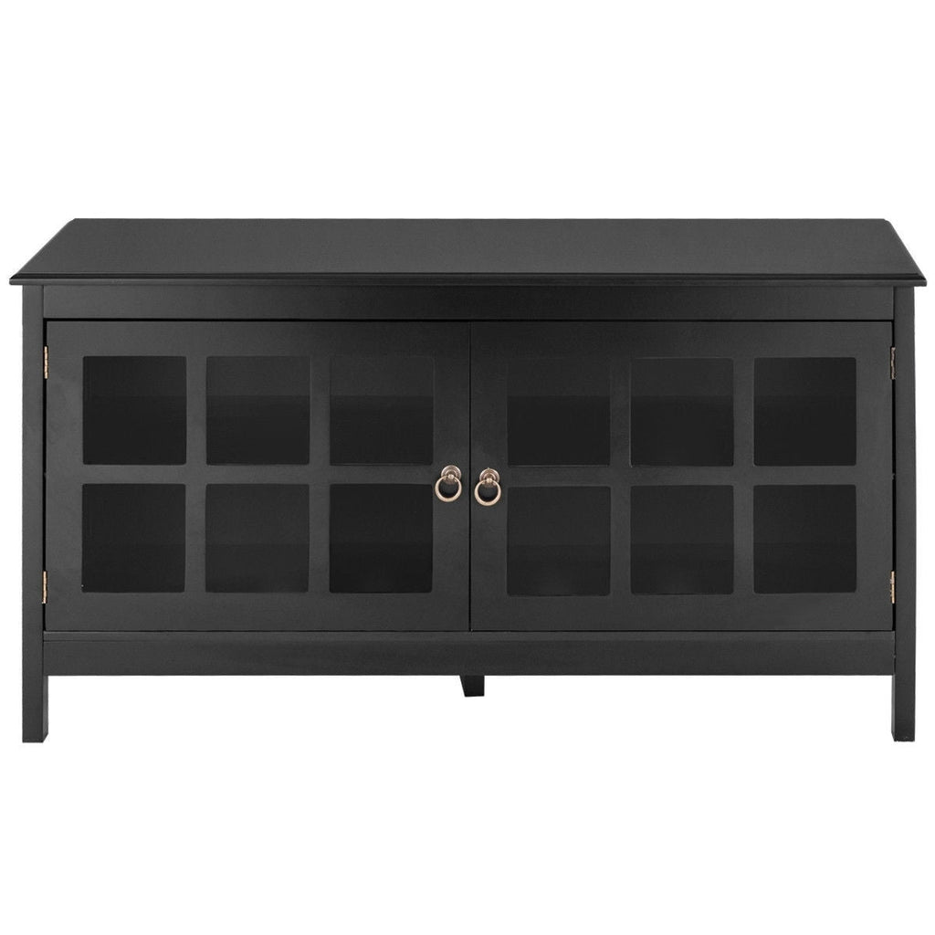 Black Wood Entertainment Center TV Stand with Glass Panel Doors - Deals Kiosk