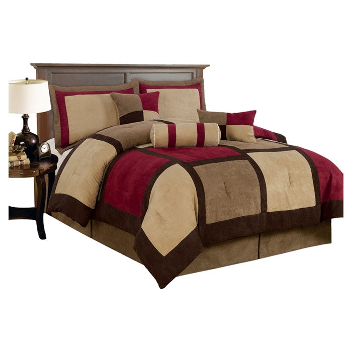 King size 7-Piece Bed Bag Patchwork Comforter Set in Brown Burgundy Red - Deals Kiosk