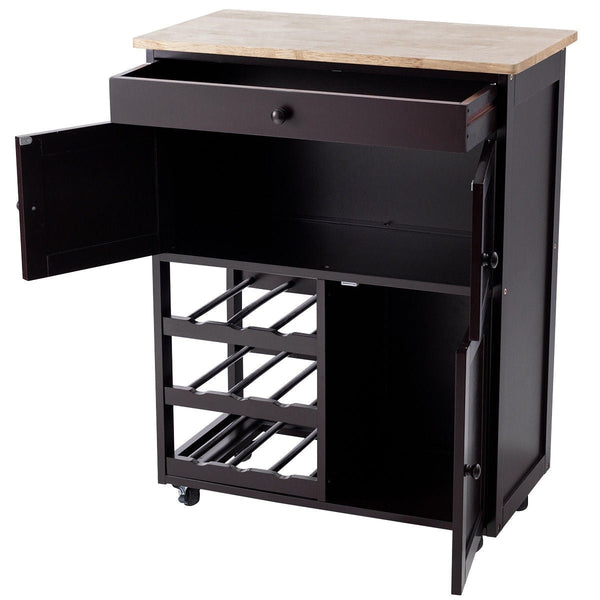 Brown Wood Mobile Kitchen Island Cart Cabinet with Wine Rack and Drawer - Deals Kiosk