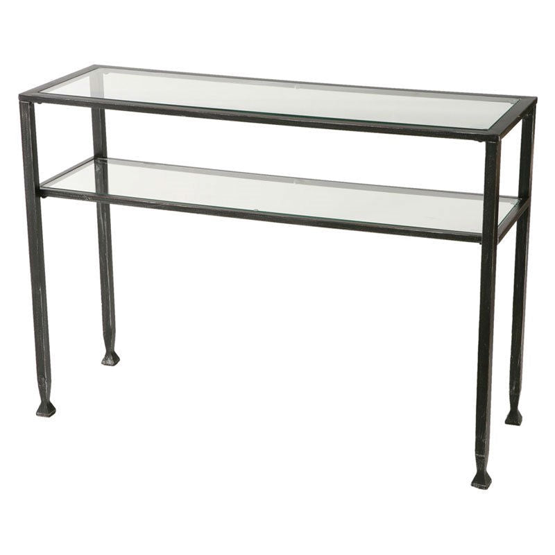 Black Metal Frame Sofa Table with Clear Tempered-Glass Top Shelves - Deals Kiosk