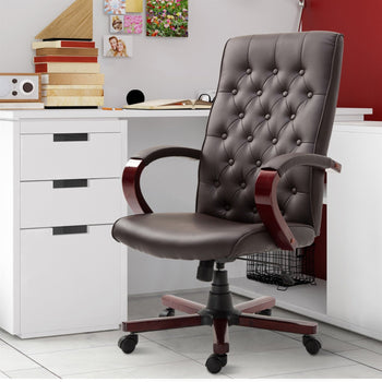 Brown Wooden Faux Leather Adjustable High Back Executive Home Office Chair - Deals Kiosk