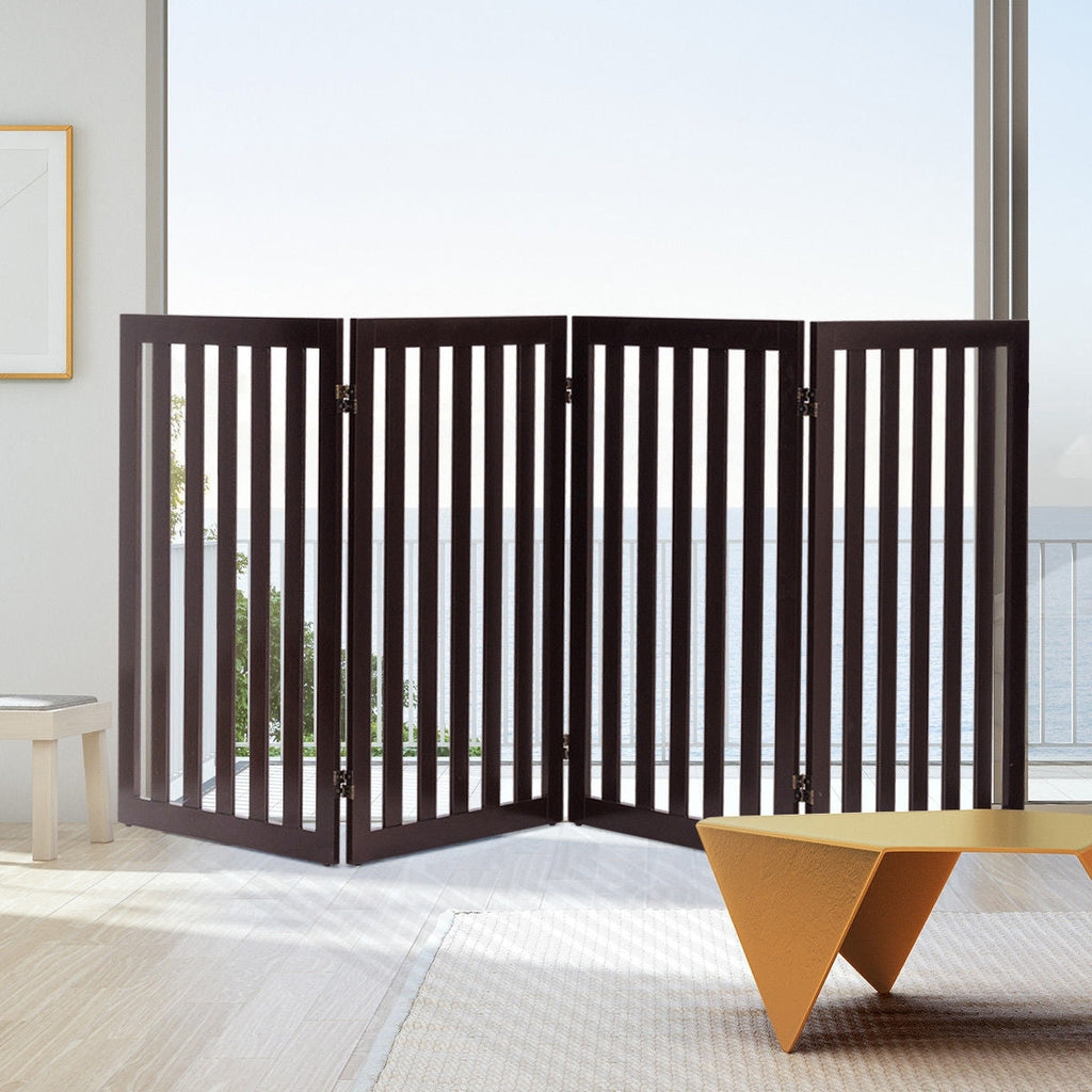 Folding 4-Panel Dog Gate Pet Fence in Brown Wood Finish - Deals Kiosk