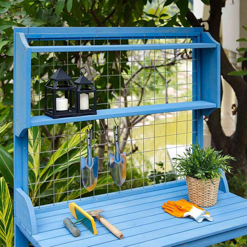 Blue Wood Potting Bench with Garden Tool Hanging Trellis and Slatted Shelf - Deals Kiosk